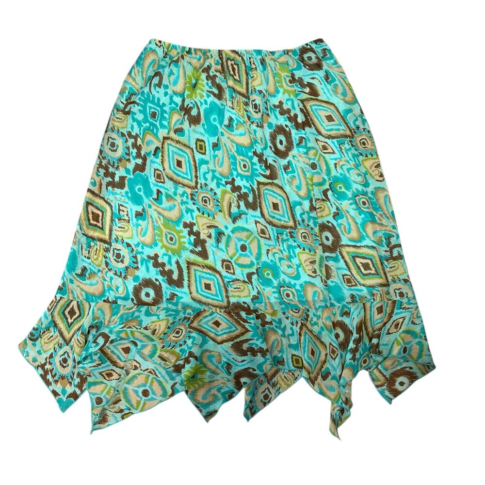 Vintage Y2K Blue Green Paisley Midi Skirt Asymmetrical Hem Flair Mermaid 12